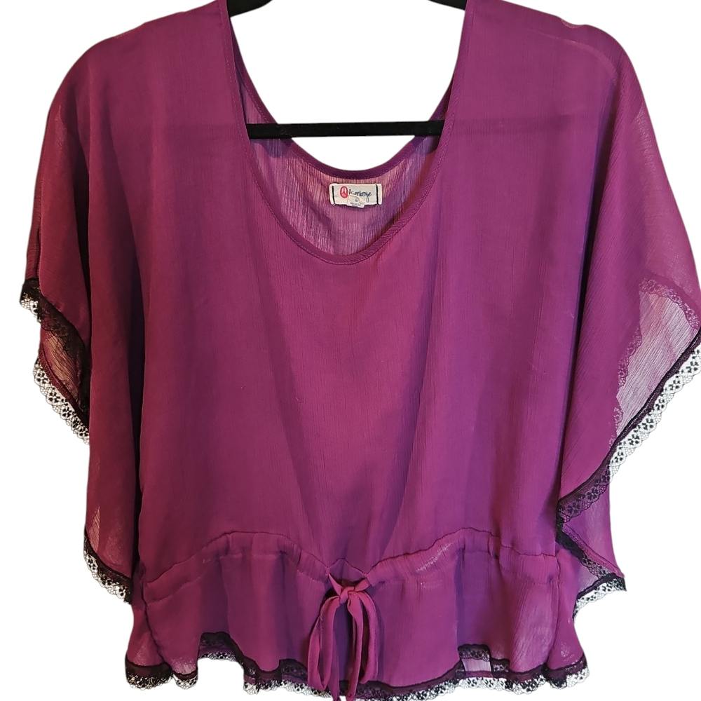 Purple Sheer Blouse with Black Lace Trim